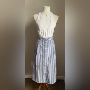 New Talbots Button Front Tie Belt Midi Skirt In White/Blue Striped Seersucker 16